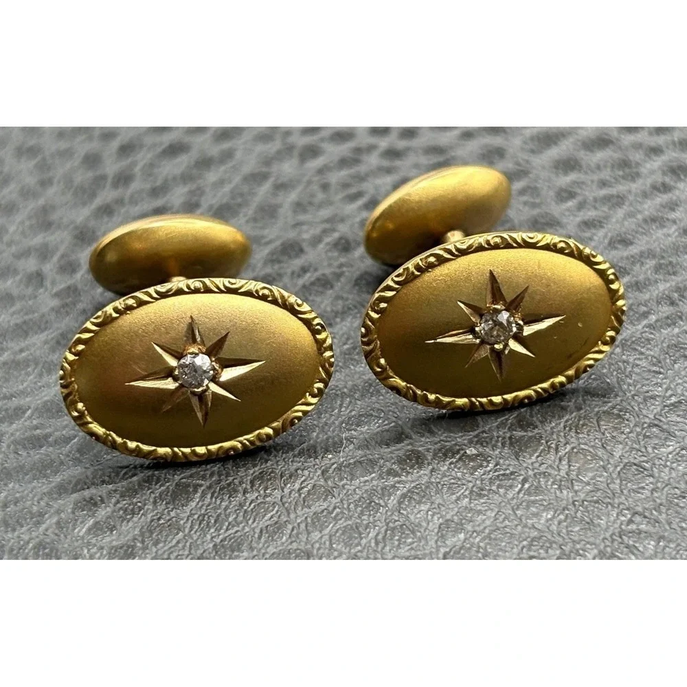 VTG Victorian 14K Solid Yellow Gold Genuine Diamond Star Starburst Cufflinks
